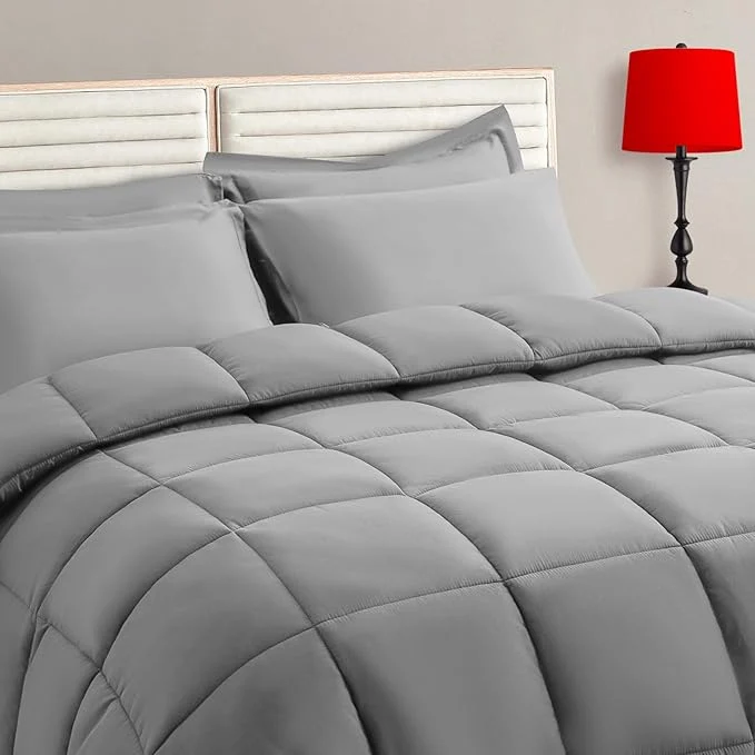 High-Grade TAIMIT Grey Twin Size Comforter Set - 5 Pieces Bed in a Bag Bedding Sets with All Season Soft Quilted Warm Fluffy Reversible Comforter Flat Sheet Fitted Sheet 1 Pillow Shams 1 Pillowcases Gray Sustainable