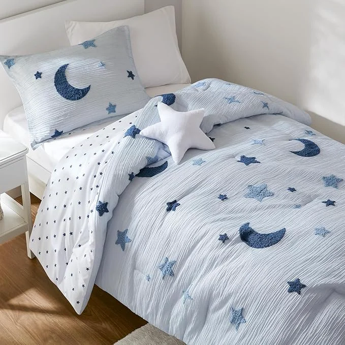 Authentic Intelligent Design Kids Cosmos Twin Size Comforter Set – Blue Star and Moon Tufted Chenille Reversible 3-Piece Bedding with Star Pillow Recyclable
