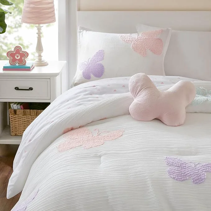 Fine Intelligent Design Kids Rio Twin Comforter Set – Girls Reversible Tufted Chenille Bedding with Pastel Purple Butterflies and Pink Dot 3pcs Environmentally Friendly