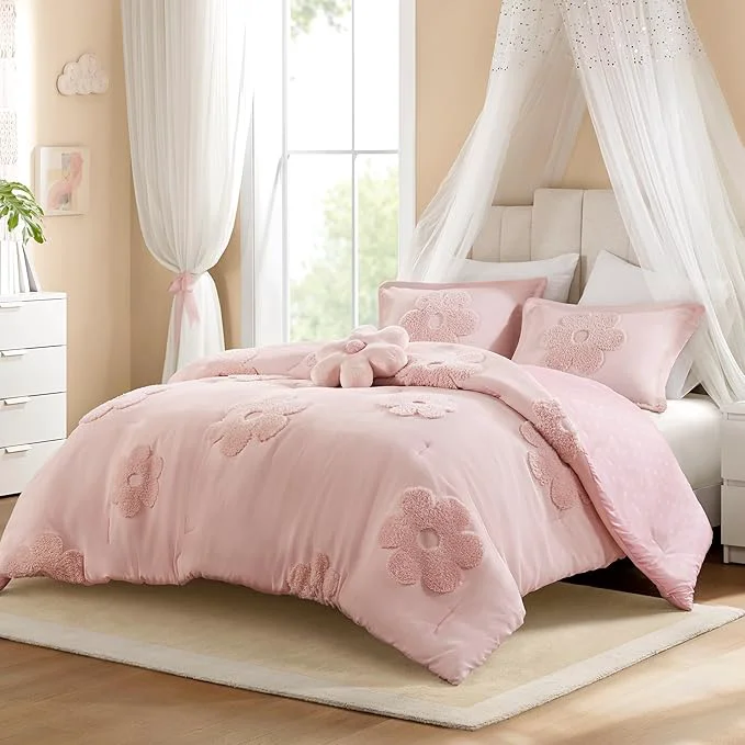 Trendy Intelligent Design Kids Queen Comforter Set for Girls Tufted Chenille Floral Comforter Set Queen Lightweight Polka Dot Comforter Reversible Bed Set Sham Pillow Gracie Full Queen Pink 4 Piece Official
