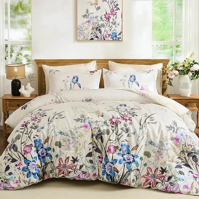Outstanding WONGS BEDDING Floral Comforter Set King 7 Piece Beige Bed in a Bag Bedding Set with Botanical Flowers Patterns Soft Lightweight Complete Comforters with Sheets for All Season Clean