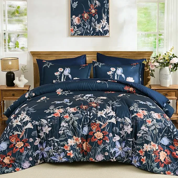 Environmentally Friendly WONGS BEDDING Queen Comforter Set 7 Piece Navy Blue Floral Bed in a Bag Bedding Set with Botanical Flowers Patterns Soft Lightweight Complete Comforters with Sheets for All Season Pure