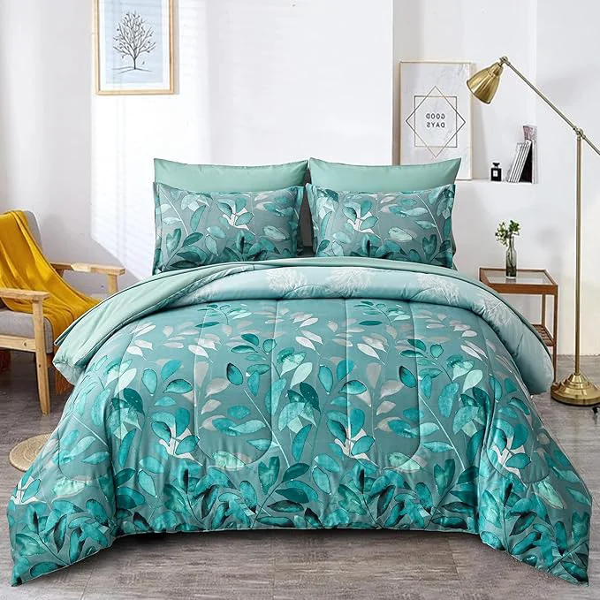 Long-Lasting Anibedding Aqua Comforter Set King Size 7 Pieces Botanical Leaves Reversible Soft Microfiber Bed in a Bag with Sheets Set for All Season 104 quot x90 quot High-End