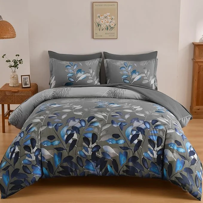 High-Quality Anibedding 7 Pieces King Size Comforter Set Grey Blue Botanical Gradient Leaves Ultra Soft Microfiber Down Bedding Set with Sheets and Pillowcase for All Season Contemporary