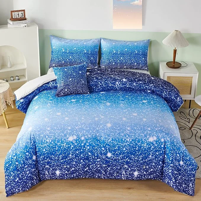Minimalist RYNGHIPY 6Pcs Gradient Aqua Blue Navy Ombre Comforter Sets with Sheets Pillowcases Queen Size Sparkle Glitter Design Comforter Bedding Collections for Kids Boys and Girls Efficient