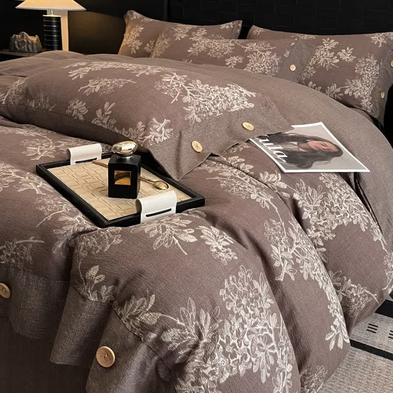 Soft Ownkoti Botanical Leaf Linen Button Bedding Set 4PCS Enhanced