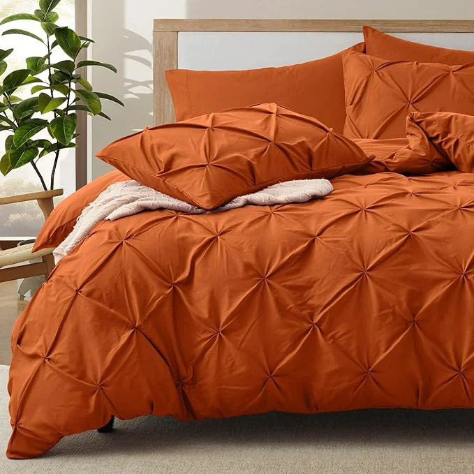 Long-Lasting VACVELT 5 Piece Pinch Pleated Duvet Cover Full Queen Size Set Burnt Orange Pintuck Duvet Cover with Zipper amp 8 Ties Shabby Chic Microfiber Duvet Cover 2 Pillow Shams 2 Pillowcases No Comforter Effective