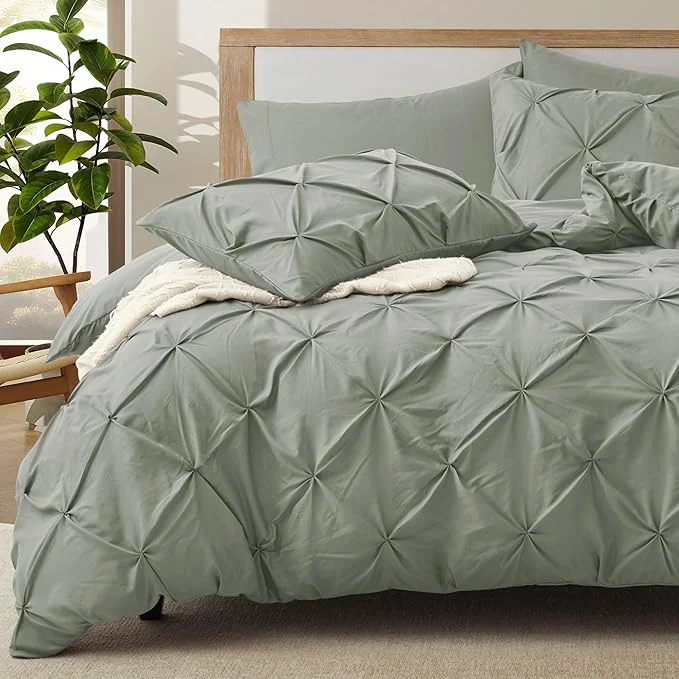 Modern VACVELT 5 Piece Pinch Pleated Duvet Cover King Size Set Light Gray Pintuck Duvet Cover with Zipper amp 8 Ties Shabby Chic Microfiber 2 Pillow Shams 2 Pillowcases No Comforter Smart