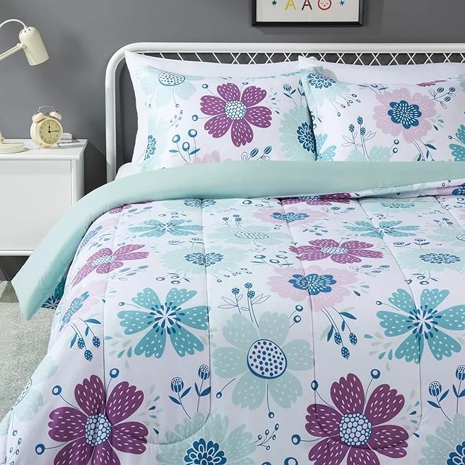 Premium Amazon Basics 3-Piece Soft Plush Microfiber Kids 39 Comforter and Pillow Sham Set Full Queen Purple Flowers Bluish Pink Floral Smooth