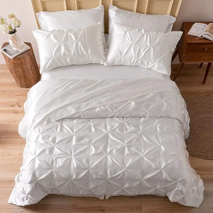 Functional MR amp HM Satin Comforter Twin XL 5 Pieces - Luxurious Pinch Pleat Bedding Set with Comforter Flat Sheet Fitted Sheet Pillowcase amp Sham Super Silky Soft Bed Set for All Season Twin XL Ivory Contemporary