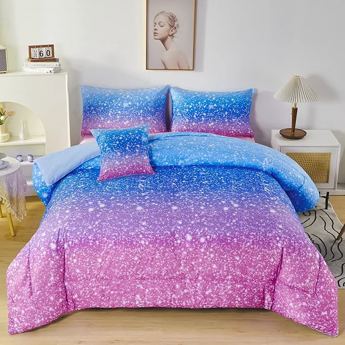 Casual RYNGHIPY 6Pcs Sparkle Gradient Glitter Comforter Sets Ombre Indigo Pink Gradient Bedding Set for Boys Girls Rainbow Bed in A Bag Full Size First-Class