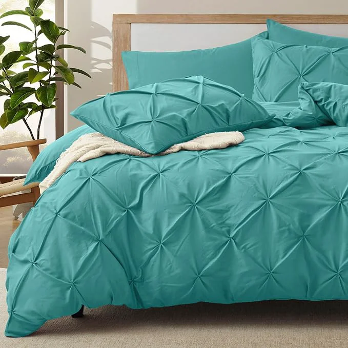 Elite VACVELT 5 Piece Pinch Pleated Duvet Cover Full Queen Size Set Teal Pintuck Duvet Cover with Zipper amp 8 Ties Shabby Chic Microfiber Duvet Cover 2 Pillow Shams 2 Pillowcases No Comforter Top-Quality