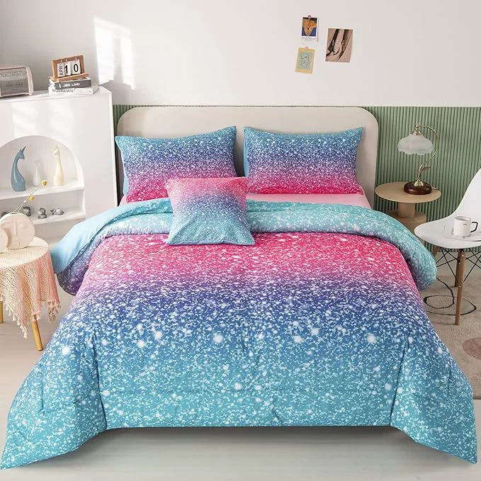 Selected RYNGHIPY 6Pcs Gradient Glitter Bedding Set for Girls Twin Size Colorful Rainbow All-Season Comforter Set Ultra Soft Bedding Collections Contemporary