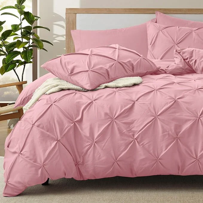 Traditional VACVELT 5 Piece Pinch Pleated Duvet Cover Full Queen Size Set Pink Pintuck Duvet Cover with Zipper amp 8 Ties Shabby Chic Microfiber Duvet Cover 2 Pillow Shams 2 Pillowcases No Comforter Functional