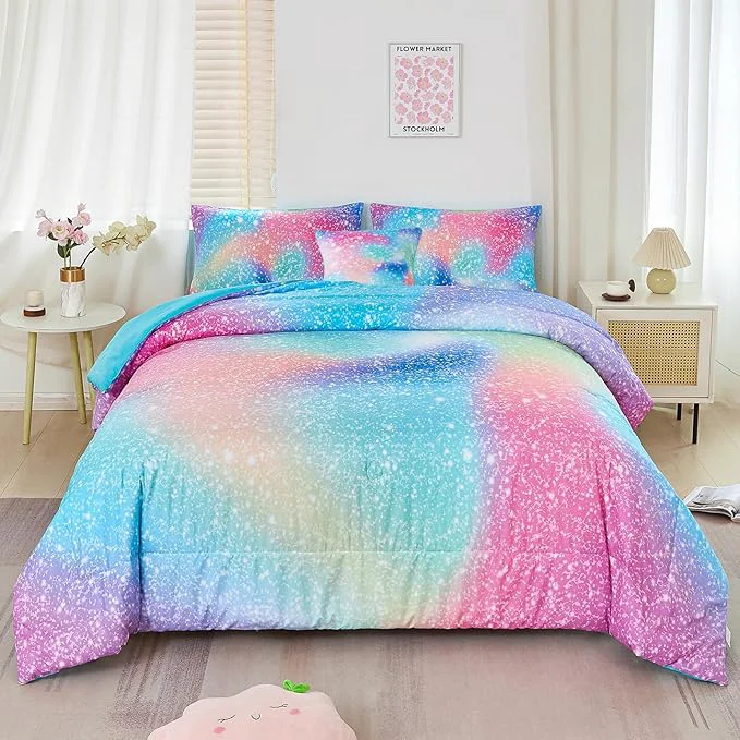 Superior RYNGHIPY Twin Girls Comforter Set Colorful Rainbow Bed in A Bag for Girls Kids 6 Piece Ombre Galaxy Glitter Bedding Set Sustainable