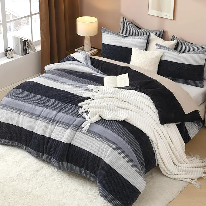 Smooth Litanika Fluffy Fleece Twin Comforter Set Luxury Soft Plush Fuzzy Dark Grey Stripe Bedding Comforter Sets Warm Shaggy Faux Fur Bed Set All Season 1 Comforter 1 Pillowcase Organic