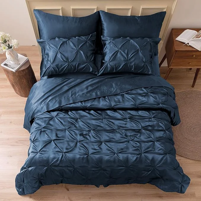 User-Friendly MR amp HM Satin Comforter King 7 Pieces - Luxurious Pinch Pleat Bedding Set with Comforter Flat Sheet Fitted Sheet Pillowcases amp Shams Super Silky Soft Bed Set for All Season King Mood Indigo Original Design