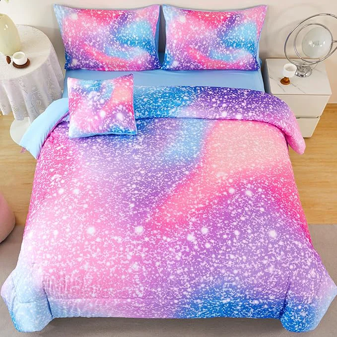 Smart RYNGHIPY 6Pcs Girls Bedding Set Queen Size Colorful Rainbow Comforter Set for Kids Teens Girls Glitter Bedding Set Lightweight Fluffy Verified