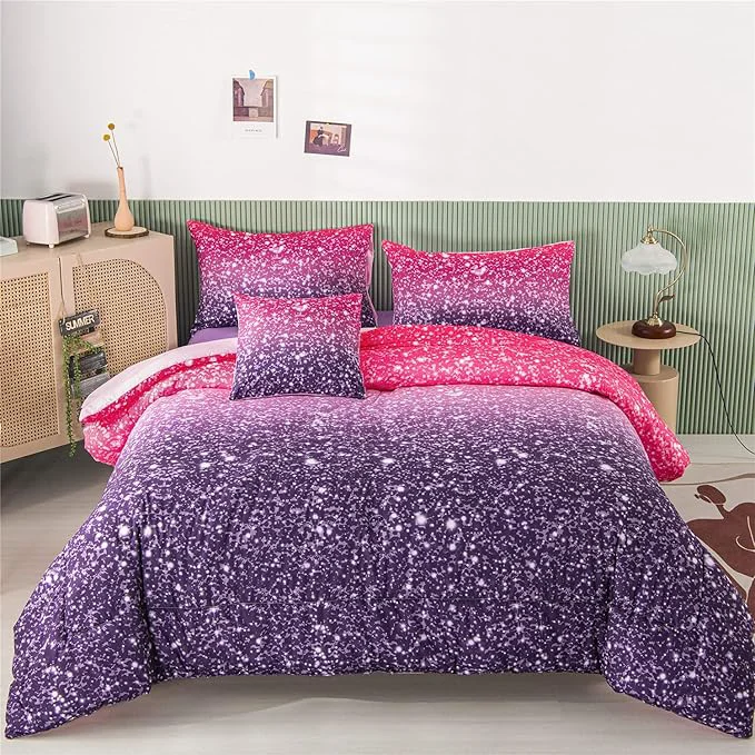 Smooth RYNGHIPY 6Pcs Full Gradient Pink Purple Glitter Comforter Sets for Teens Girls Kids Colorful Rainbow Glitter Themed Bedding Set Fashionable