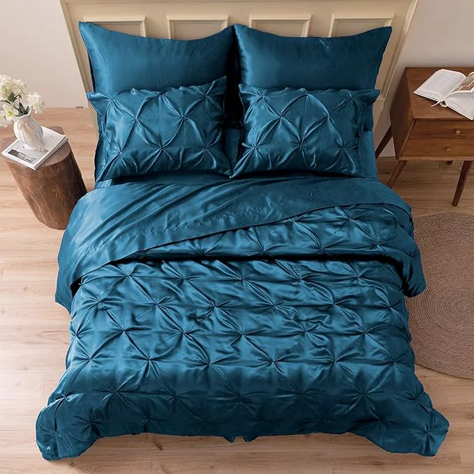 Consistent MR amp HM Satin Comforter King 7 Pieces - Luxurious Pinch Pleat Bedding Set with Comforter Flat Sheet Fitted Sheet Pillowcases amp Shams Super Silky Soft Bed Set for All Season King Teal Fast