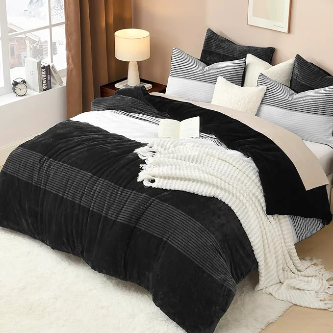 High-Grade Litanika Fluffy Fleece Twin Comforter Set Luxury Soft Plush Fuzzy Black amp White Stripe Bedding Comforter Sets Warm Shaggy Faux Fur Bed Set All Season 1 Comforter 1 Pillowcase Minimalist