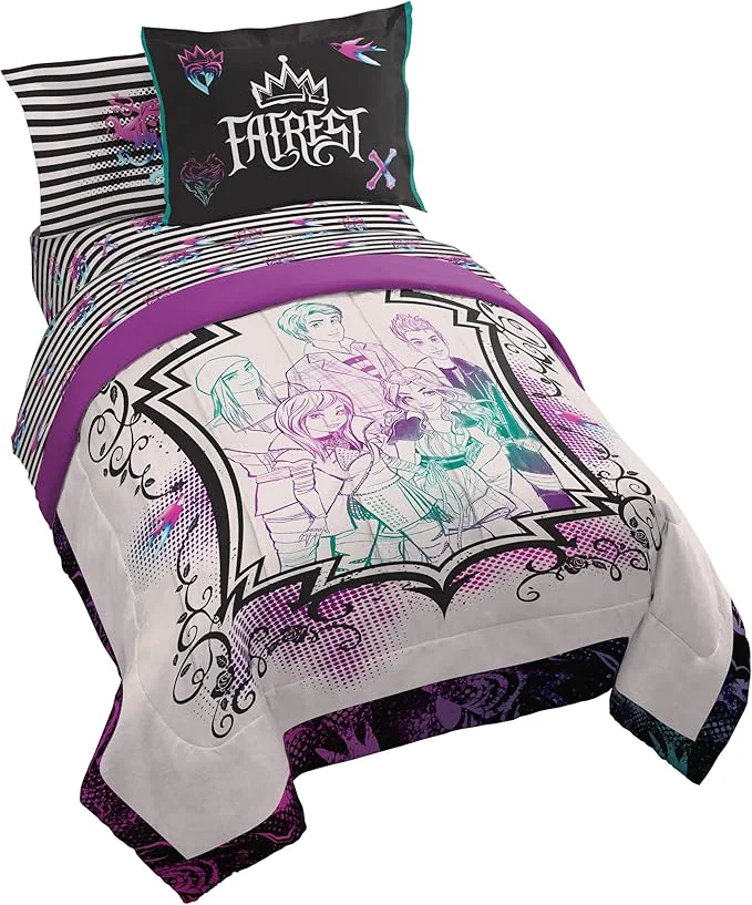 Durable Jay Franco Kids Comforter Set Includes Sheets and Pillow Cover - Soft and Cozy Bed Set for Stylish Room Décor Multi - Descendants 5 Piece Twin Minimalist