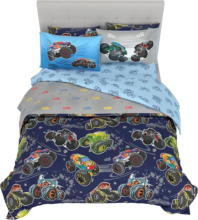 High-Quality Monster Trucks x Hot Wheels Bedding Set Full Size 7 Piece Set Kids Super Soft Cozy Reversible Comforter and Sheet Set with Sham ly Licensed Product by Franco Luxury