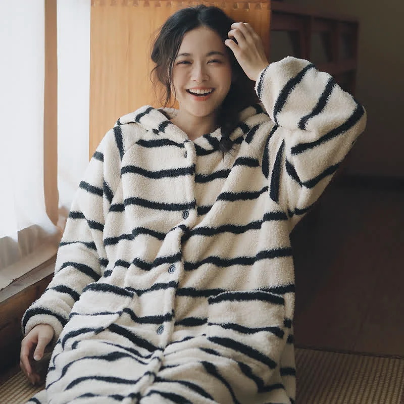 Artisan Ownkoti Classic Striped Hooded Button Plush Robe Sustainable
