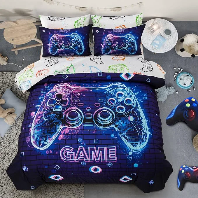 Breathable A Nice Night 5Pcs Gaming Comforter Set Blue Purple 3D Game Contoller Themed Printing Bedding Sets for Kids Teen Boys Reversible Comforter for All Seasons Full Enhanced
