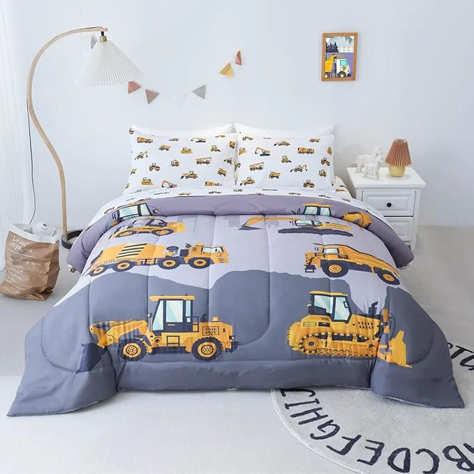 Advanced Cokouchyi Twin Size Comforter Set for Boys 4-Piece Bed in a Bag 3D Construction Bedding Comforter Sheet Set Ultra Soft and Fluffy Cartoon Truck Cars Consistent