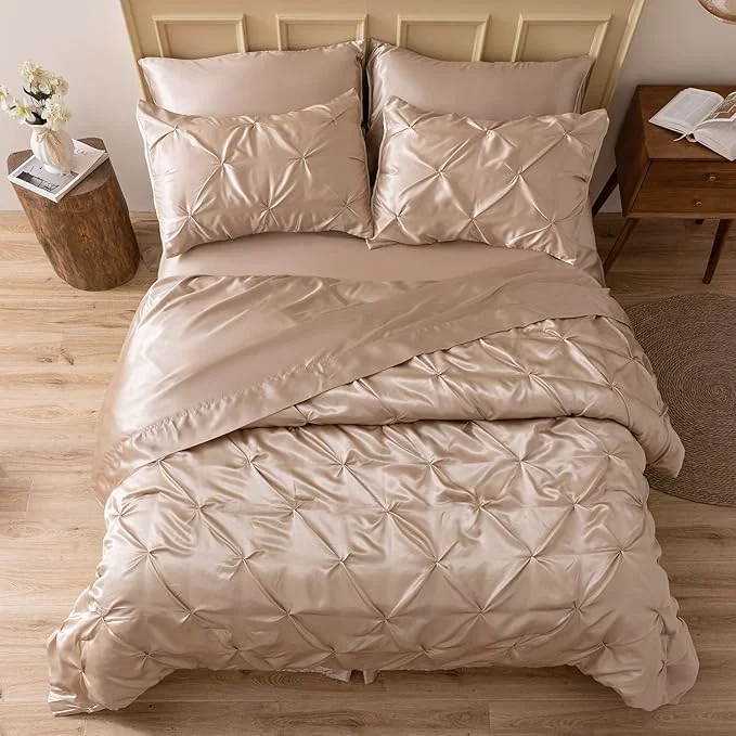 Dependable MR amp HM Satin Comforter Queen 7 Pieces - Luxurious Pinch Pleat Bedding Set with Comforter Flat Sheet Fitted Sheet Pillowcases amp Shams Super Silky Soft Bed Set for All Season Queen Champagne Eco-Friendly