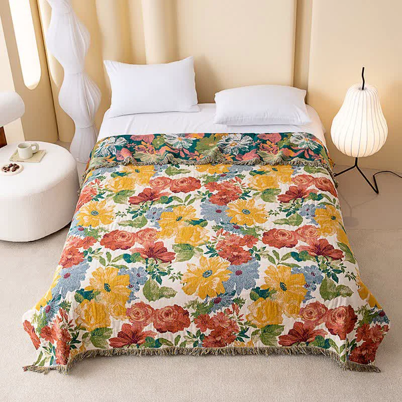 Flexible Ownkoti Luxurious Floral Cotton Gauze Tassel Quilt Expertly Made