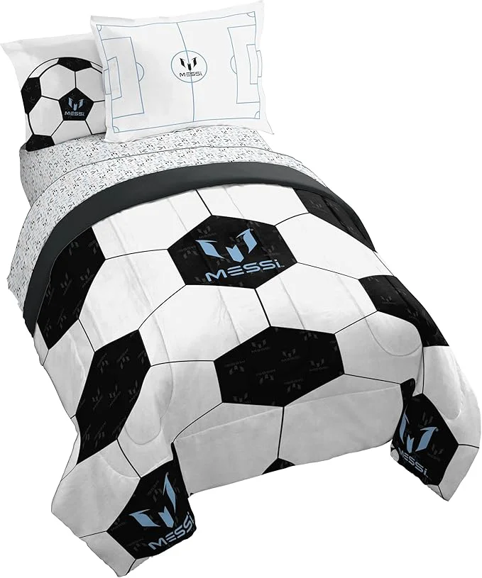 Relaxed Jay Franco Kids Comforter Set Includes Sheets and Pillow Cover - Soft and Cozy Bed Set for Stylish Room Décor White - Messi 7 Piece Full Casual