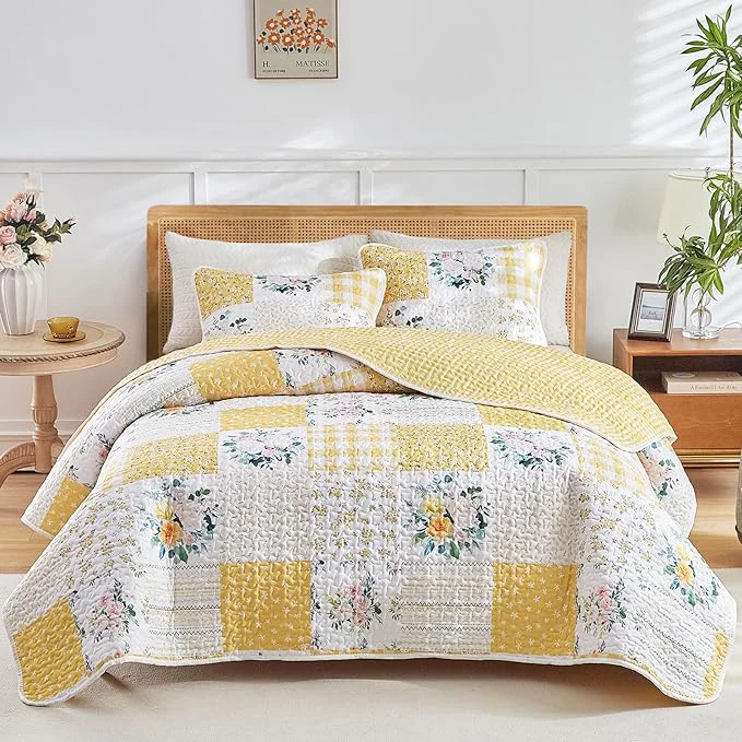 Innovative Joyreap 3 Pieces Floral Patchwork Quilt Set King Yellow n White Flowers Design Soft n Cozy Microfiber Quilt Bedspread Bed Cover for All Season 1 Quilt and 2 Pillow Shams- 102x90 inches Powerful