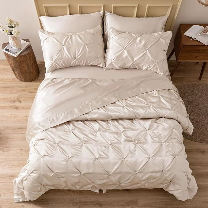 Stylish MR amp HM Satin Comforter California King 7 Pieces Beige - Luxurious Pinch Pleat Bedding Set with Comforter Flat Sheet Fitted Sheet Pillowcases amp Shams Super Silky Soft Bed Set for All Season Crafted