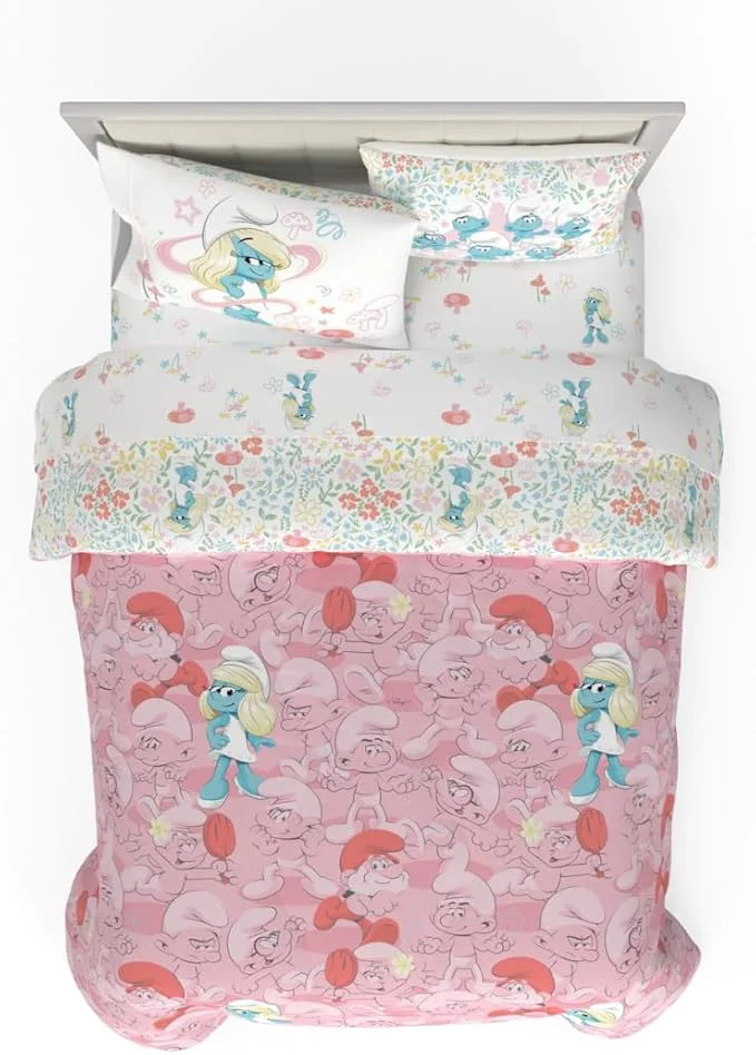 Authentic The Smurfs Smurfette Full Bedding Set – 7 Piece Kids Super Soft Microfiber Reversible Comforter amp Sheet Set - Pink ly Licensed Product by Franco Solid