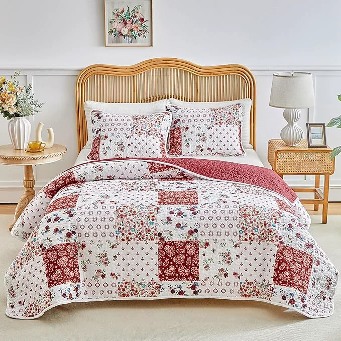Next-Generation Joyreap 3 Pieces Floral Patchwork Quilt Set Twin Burgundy Red n White Flowers Design Smooth Soft Microfiber Quilt Bedspread Bed Cover for All Season 102x90 inches Advanced