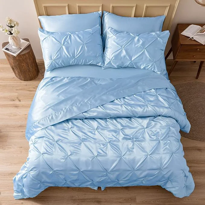 Professional MR amp HM Satin Comforter Full 7 Pieces - Luxurious Pinch Pleat Bedding Set with Comforter Flat Sheet Fitted Sheet Pillowcases amp Shams Super Silky Soft Bed Set for All Season Full Light Blue Natural