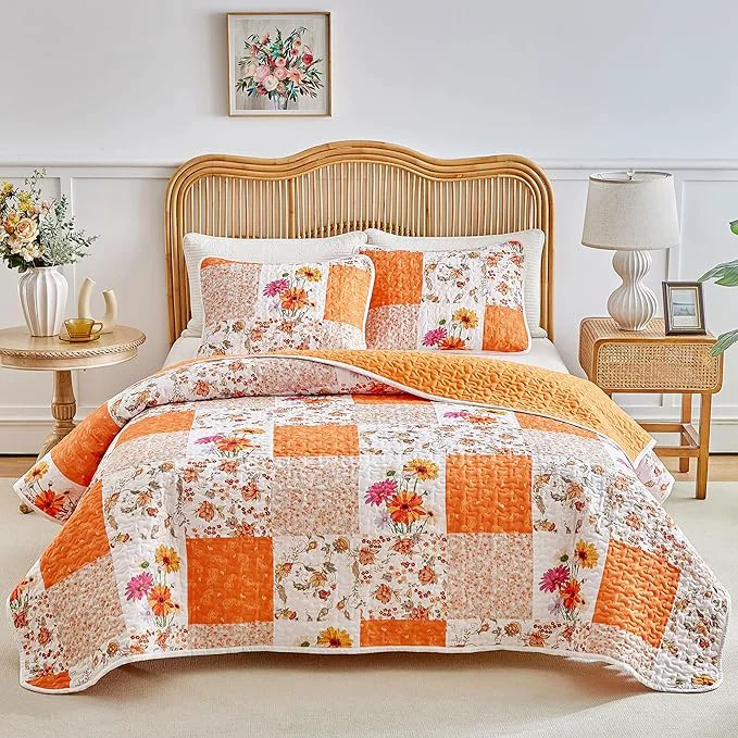Contemporary Joyreap 3 Pieces Quilt Set California King 102x114 inches- Floral Patchwork Orange n White Flowers Design Smooth Soft Microfiber Quilt Bedspread Bed Cover for All Season Selected