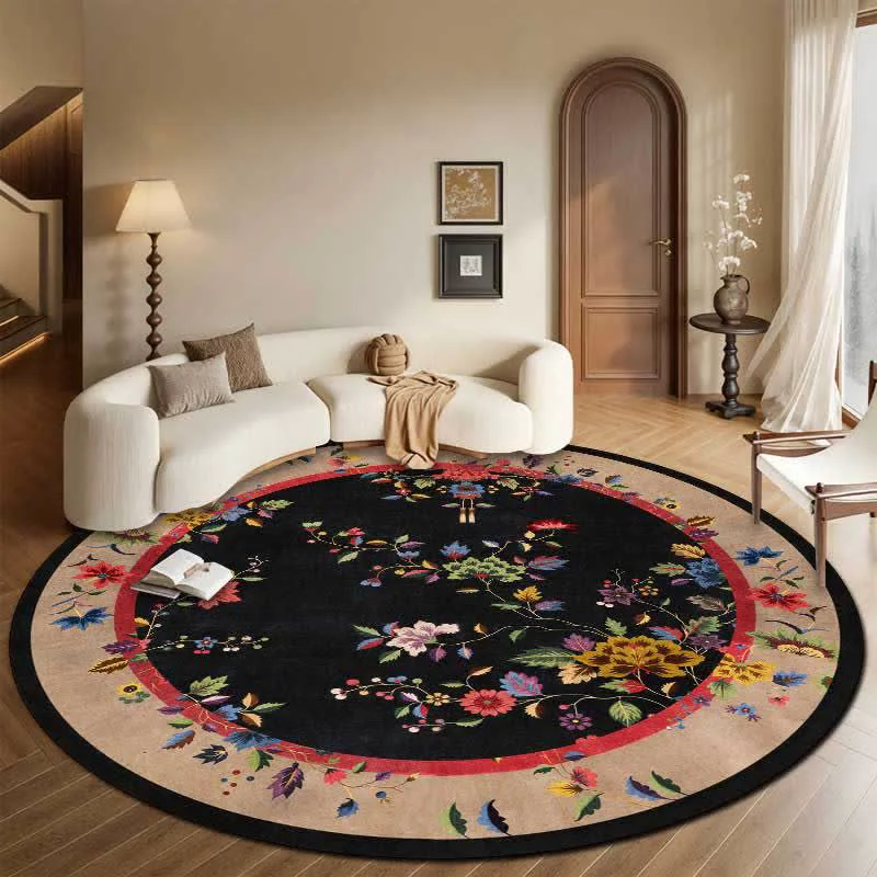 Clean Ownkoti Luxury Chinoiserie Black Floral Round Area Rug Trendy