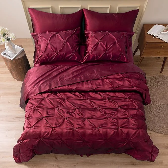 Minimalist MR amp HM Satin Comforter California King 7 Pieces Burgundy - Luxurious Pinch Pleat Bedding Set with Comforter Flat Sheet Fitted Sheet Pillowcases amp Shams Super Silky Soft Bed Set for All Season Pure