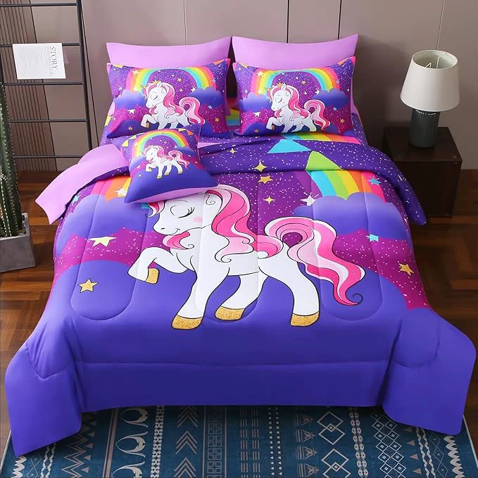 Breathable JQinHome Unicorn Queen Bedding Sets for Girls Kids 8 Piece Bed in A Bag 3D Purple Rainbow Theme Unicorn Comforter Set with Sheet Set Rainbow Next-Generation
