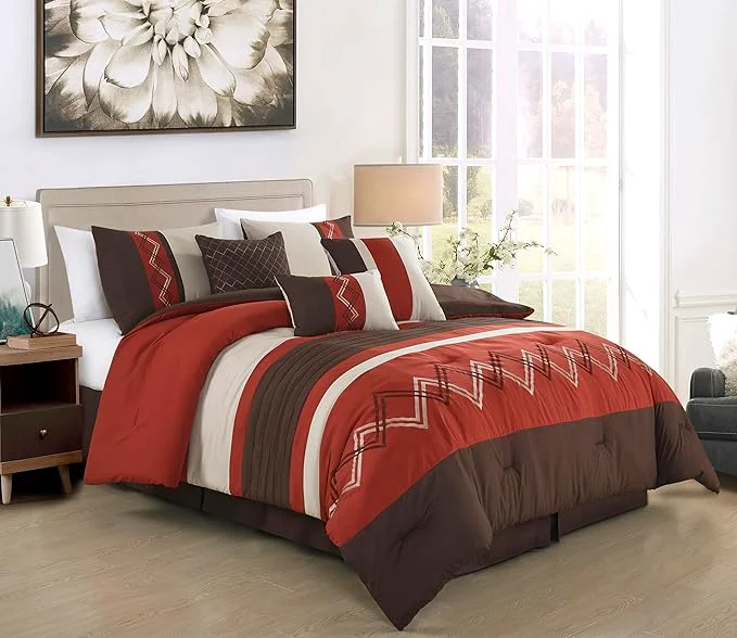Comfortable Chezmoi Collection Arden 7-Piece Modern Pleated Stripe Embroidered Zigzag Bedding Comforter Set California King Spice Brown Coffee Cream Sophisticated
