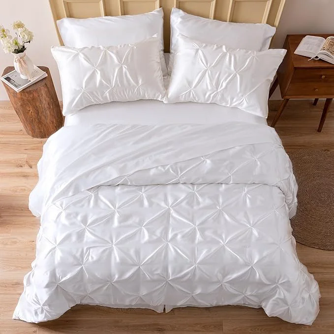Easy-to-Use MR amp HM Satin Comforter Full 7 Pieces - Luxurious Pinch Pleat Bedding Set with Comforter Flat Sheet Fitted Sheet Pillowcases amp Shams Super Silky Soft Bed Set for All Season Full White Fine