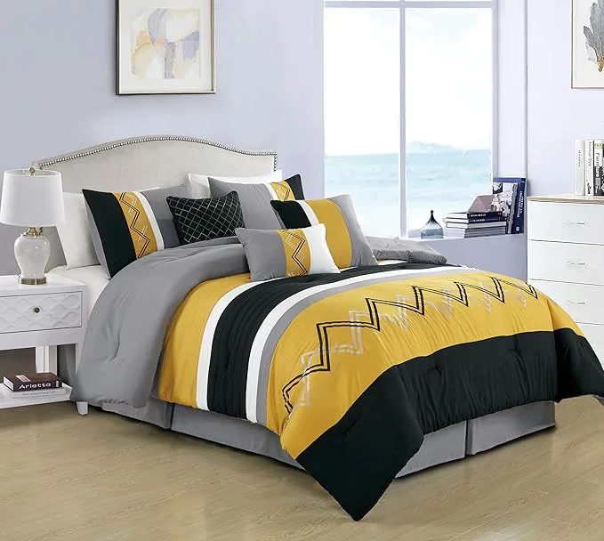 Smart Chezmoi Collection Arden 7-Piece Modern Pleated Stripe Embroidered Zigzag Bedding Comforter Set Oversized King Turmeric Black Silver Gray White First-Class