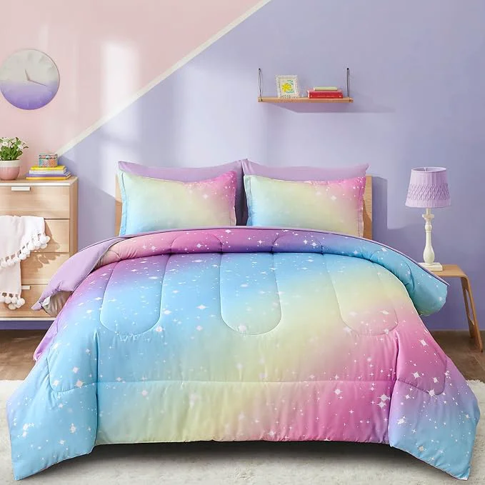 Top-Quality Drucon Rainbow Comforter Set Queen Size for Teen Girl amp Boys 7 Pieces Bed in A Bag Blue Blush Rainbow Bedding Set Queen Size 1 Comforter 1 Flat Sheet 1 Fitted Sheet 2 Pillow sham 2 Pillowcases Natural