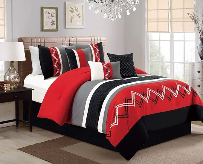 Eco-Friendly Chezmoi Collection Arden 7-Piece Modern Pleated Stripe Embroidered Zigzag Bedding Comforter Set Queen Red Black Gray Off-White Lightweight