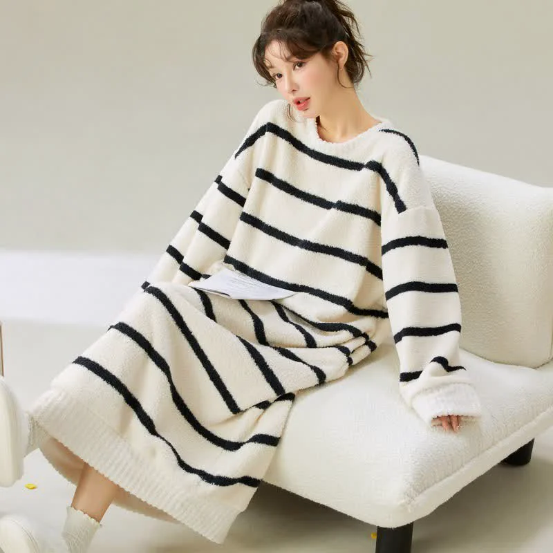 Refined Ownkoti Round Neck Striped Plush Nightgown Stylish