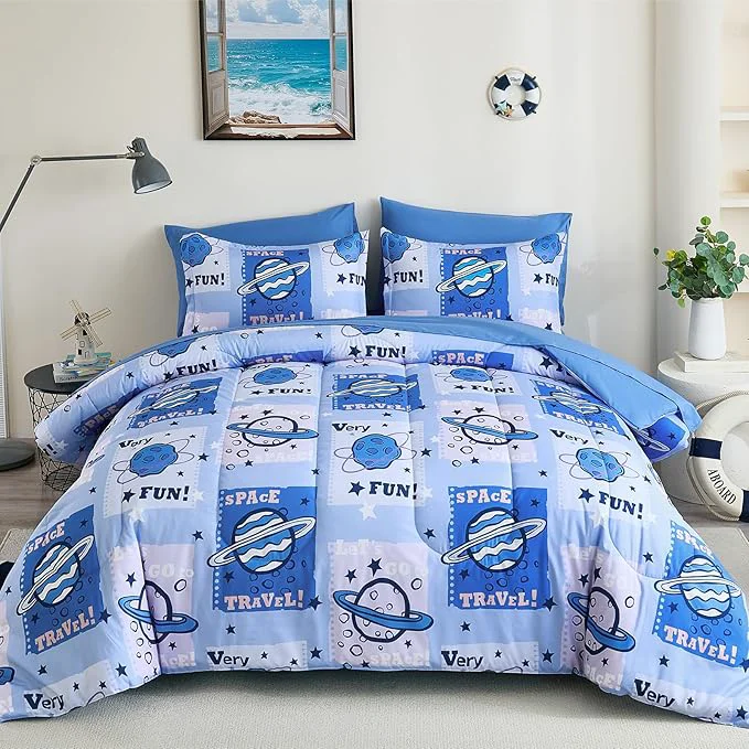 Optimized Drucon Kids Space Comforter Set Bed in A Bag Twin Size 6 Piece Cartoon Planets Bedding Set for Teens Boys Girls Superior