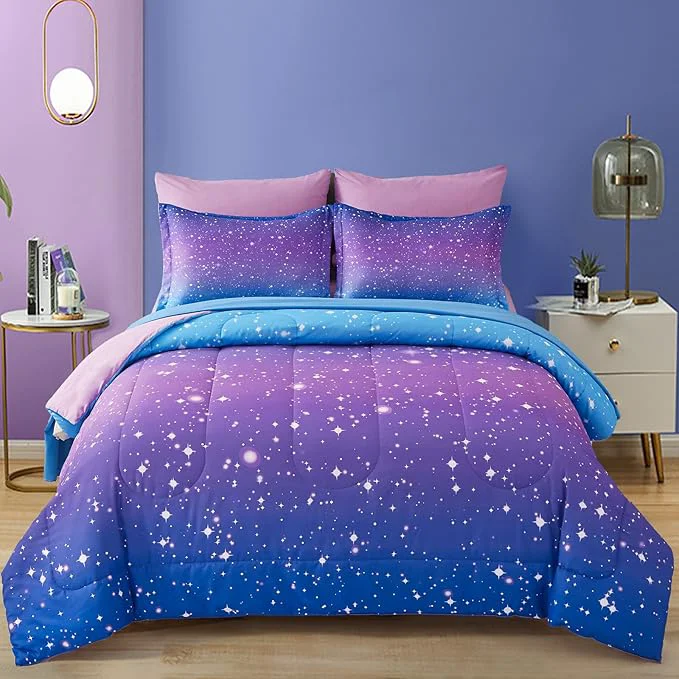 Elite Drucon Girls Comforter Set Queen Size 7 Pieces Bed in A Bag Ombre Blue Purple Rainbow Bedding Set for Kids amp Women 1 Comforter 1 Flat Sheet 1 Fitted Sheet 2 Pillow Shams 2 Pillowcases Premium